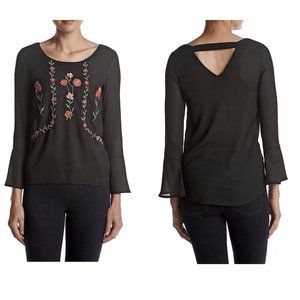 Womens Ruff Hewn GREY Bar Back Embroidered Top Size Small 4/6 Black NWT